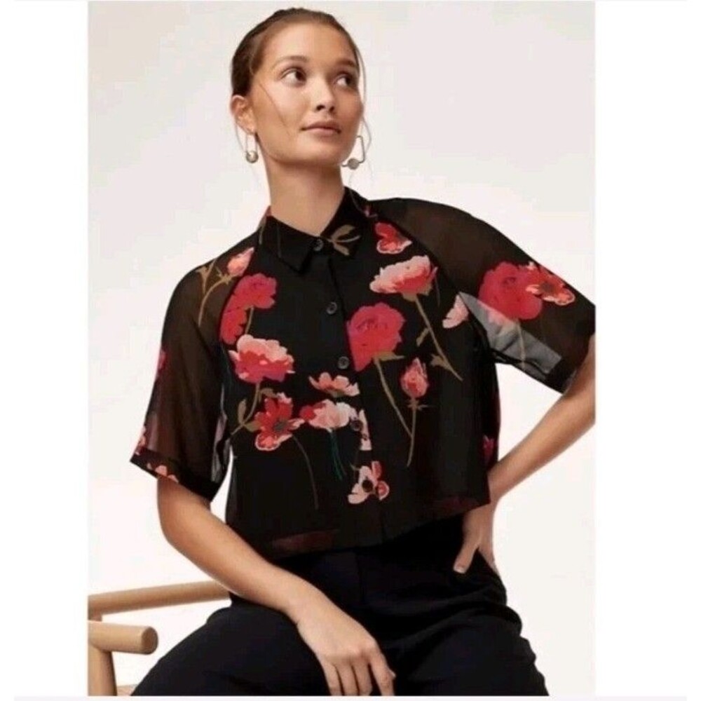 Aritzia Wilfred Henrietta Shirt Floral Print Crop Short Sleeve Blouse Black Sz S